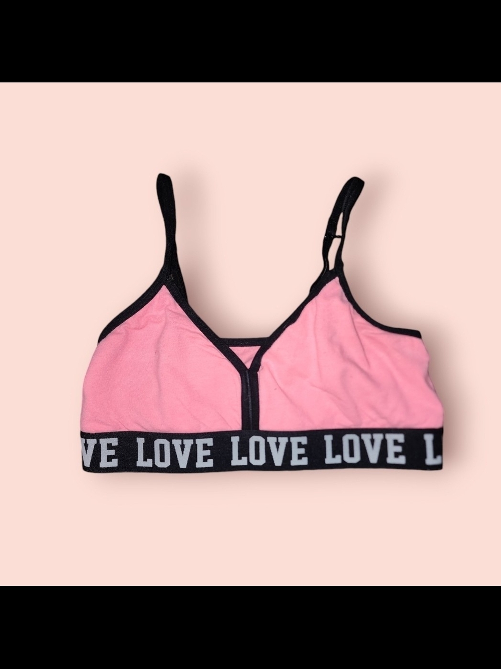 ^ Fruit of the Loom Pink Bralette with Black Trim and LOVE Band